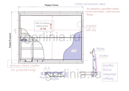 Люк напольный с петлями по противоположным сторонам двухдверный чертеж схема с размерами коробки и проемом в свету